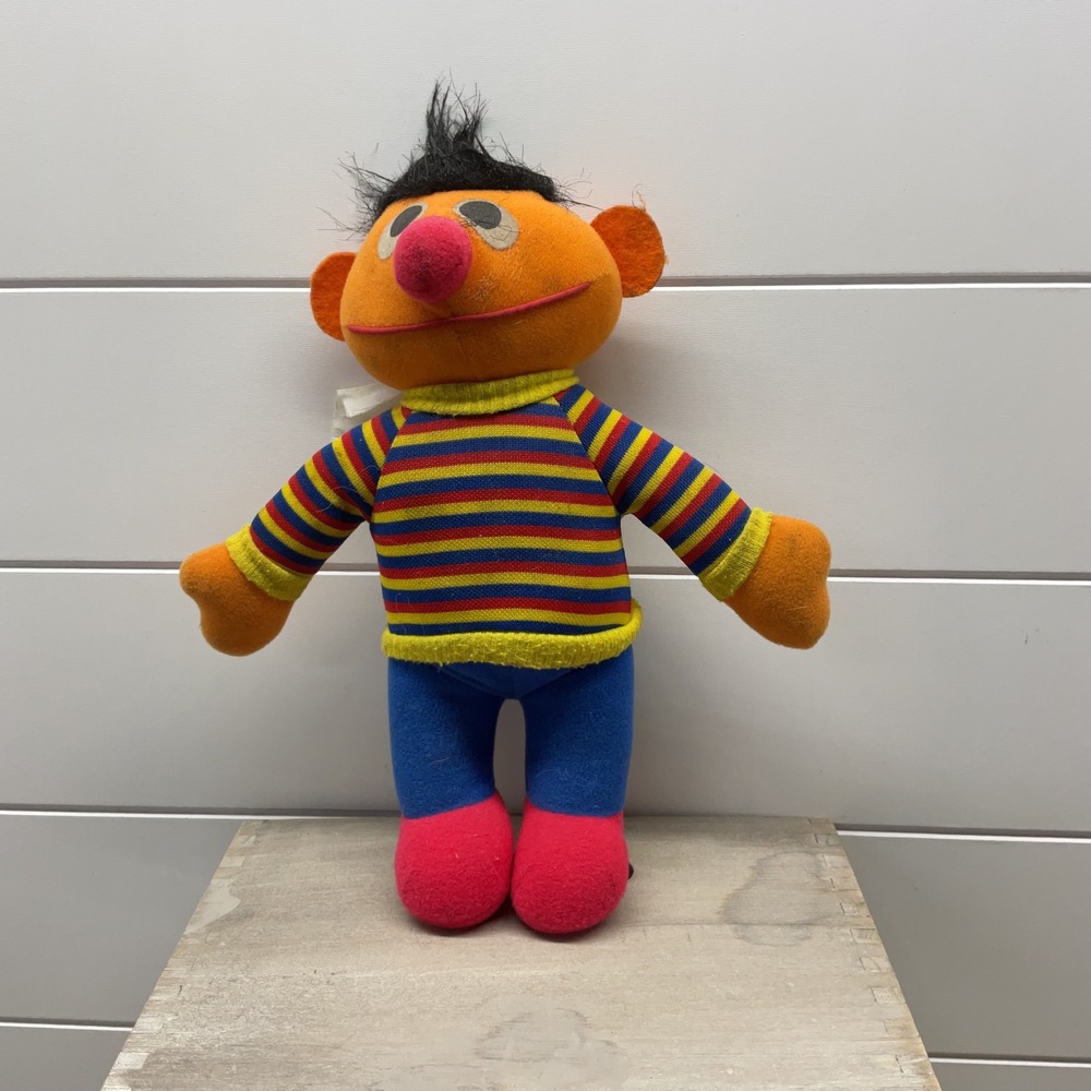 Vintage Sesame Street Ernie Plush Toy Jim Henson Muppets Striped Sweater 10.5in